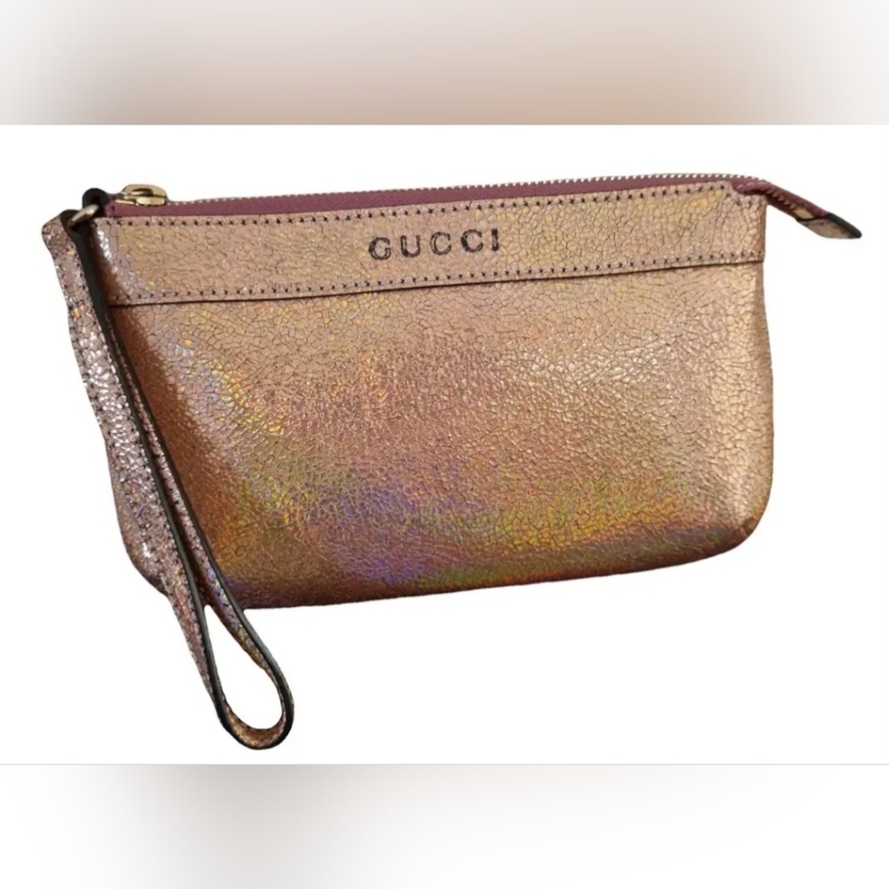 Gucci Iridescent Crackle Salmon Wristlet Clutch